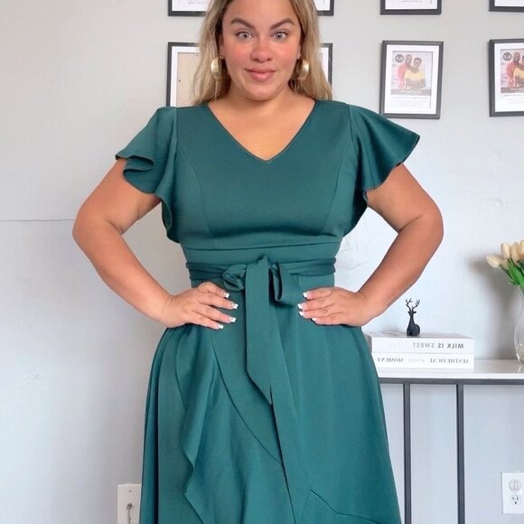 Women's Plus Size Formal Wedding Guest Dress with Ruffles V-Neck Long Low Party - Picture 11 of 16